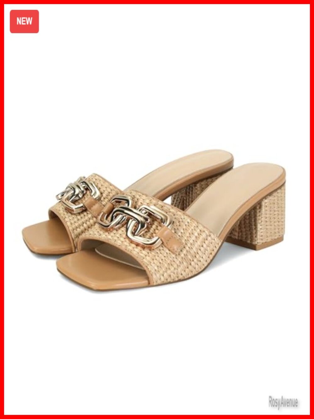 Woven Raffia Square Toe Mules Sandals, Chunky Block Heel, Gold Chain